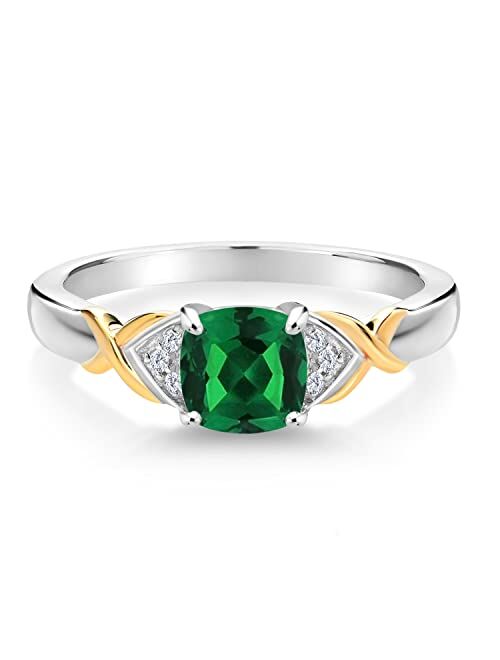 Gem Stone King 925 Sterling Silver and 10K Yellow Gold Cushion Green Nano Emerald and White Lab Grown Diamond Engagement Ring For Women (1.03 Cttw, Available In Size 5, 6