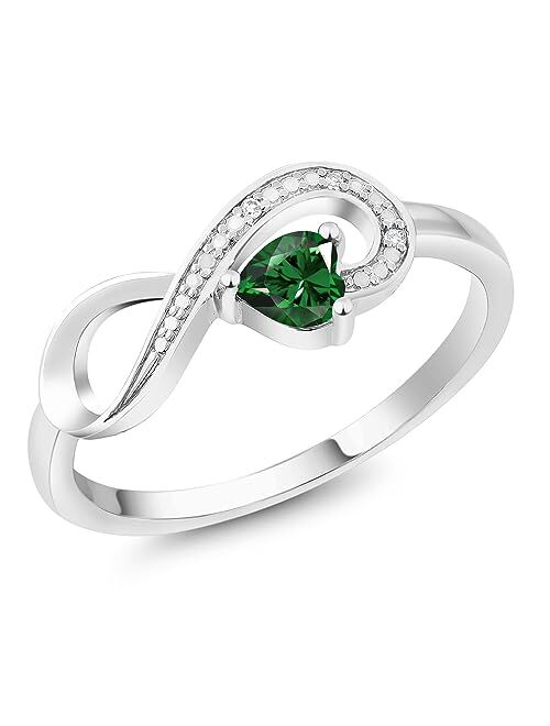 Gem Stone King 0.41 Ct Heart Shape Green Nano Emerald White Diamond 10K White Gold Ring