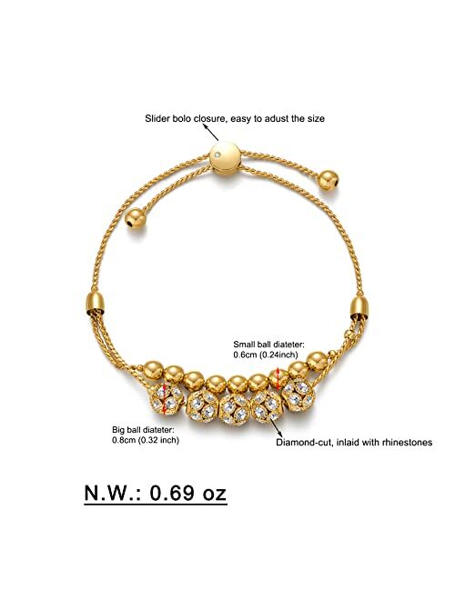 WOWORAMA Gold Ball Bracelet for Women 14K Gold Plated Adjustable Bead Ball Bolo Slider Bracelet Shiny Rhinestone Beaded Ball Double Layer Strand Bracelets