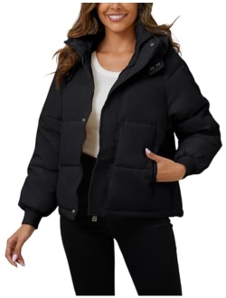 Arssm Womens Puffer Jacket With Hood Cropped Winter Warm Puffy Coat Short Trendy Oversized Quilted Jacket Outerwear Coat