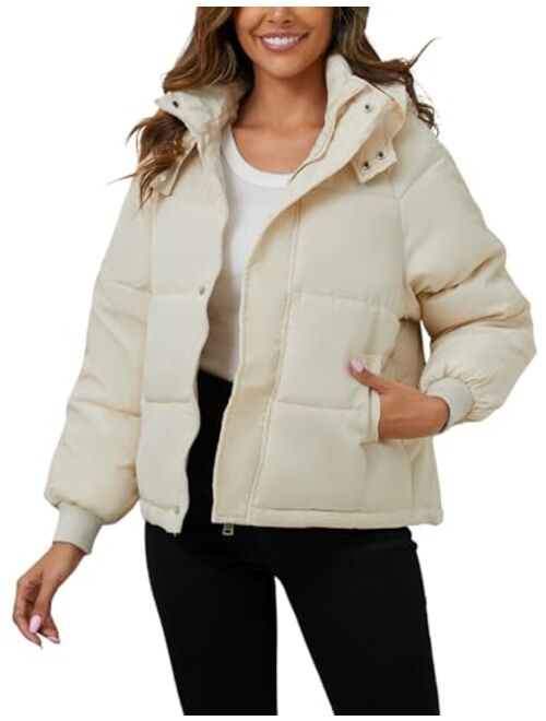 Arssm Womens Puffer Jacket With Hood Cropped Winter Warm Puffy Coat Short Trendy Oversized Quilted Jacket Outerwear Coat