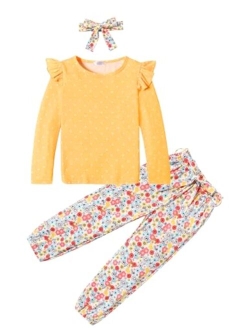 Toddler Girl Fall Outfits Ruffle Tops And Floral Pants Set With Headband Kids Girls Joggers Outfit 3T-12Y