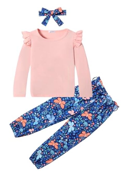 Arshiner Toddler Girl Fall Outfits Ruffle Tops And Floral Pants Set With Headband Kids Girls Joggers Outfit 3T-12Y