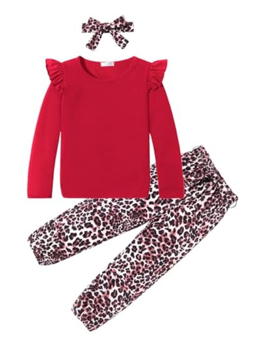 Arshiner Toddler Girl Fall Outfits Ruffle Tops And Floral Pants Set With Headband Kids Girls Joggers Outfit 3T-12Y