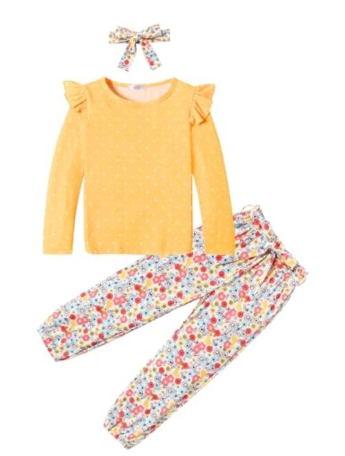 Arshiner Toddler Girl Fall Outfits Ruffle Tops And Floral Pants Set With Headband Kids Girls Joggers Outfit 3T-12Y