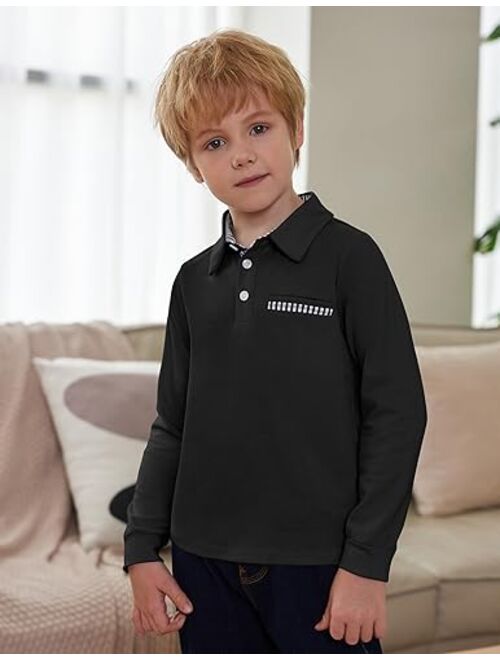 Arshiner Boy's Long Sleeve Plaid Trim Polo Shirt with Pocket for 4-12 Years