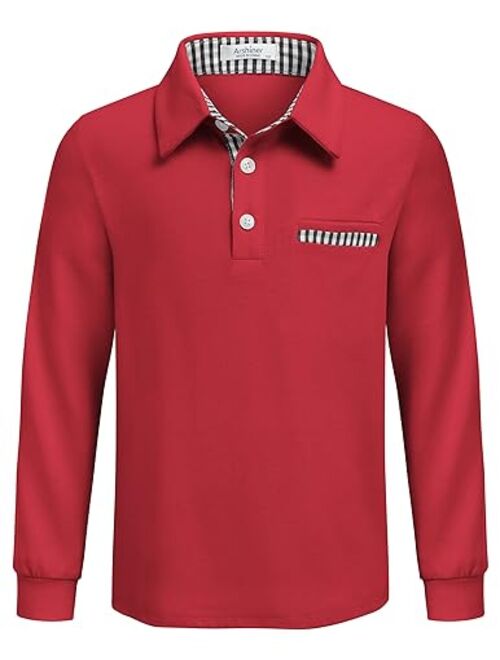 Arshiner Boy's Long Sleeve Plaid Trim Polo Shirt with Pocket for 4-12 Years