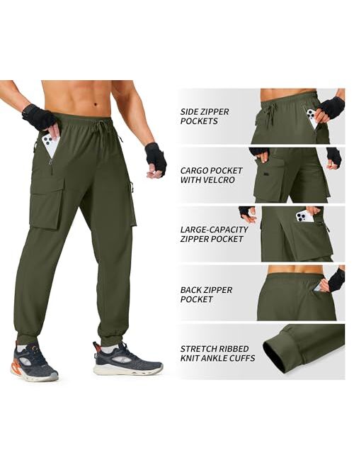 S Spowind Men's Hiking Pants Cargo Lightweight Quick Dry Elastic Waist Travel Joggers with Zipper Pockets Water Resistant