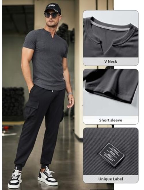 JMIERR Mens Muscle Slim T Shirt V-Neck Longline Henley Shirt Gym Workout Athletic Tee Shirts