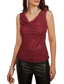 Women's Sleeveless Cowl Neck Sequin Tank Tops Sparkly Club Party Shirts Drape Neck Glitter Cocktail Blouses