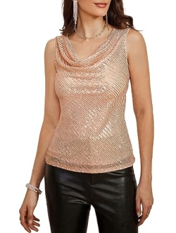 Women's Sleeveless Cowl Neck Sequin Tank Tops Sparkly Club Party Shirts Drape Neck Glitter Cocktail Blouses