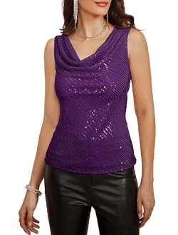 Women's Sleeveless Cowl Neck Sequin Tank Tops Sparkly Club Party Shirts Drape Neck Glitter Cocktail Blouses