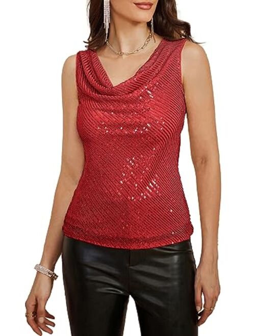 GRACE KARIN Women's Sleeveless Cowl Neck Sequin Tank Tops Sparkly Club Party Shirts Drape Neck Glitter Cocktail Blouses