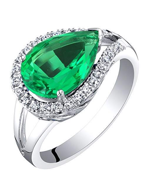 Peora 3.02 Carats Created Colombian Emerald and Lab Grown Diamond Ring in 14K White Gold Pear Shape Halo Design