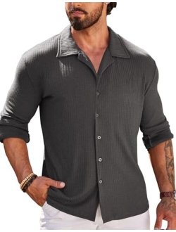 Men Muscle Fit Dress Shirts Knit Button Up Shirts Slim Fit Ribbed Shirts Camp Collar Shirts