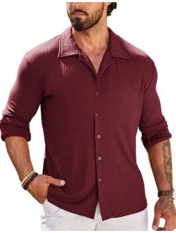 Men Muscle Fit Dress Shirts Knit Button Up Shirts Slim Fit Ribbed Shirts Camp Collar Shirts