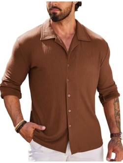 Men Muscle Fit Dress Shirts Knit Button Up Shirts Slim Fit Ribbed Shirts Camp Collar Shirts