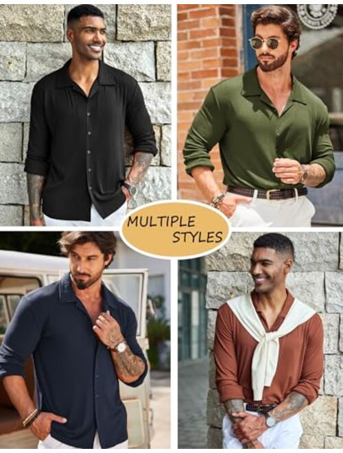 COOFANDY Men Muscle Fit Dress Shirts Knit Button Up Shirts Slim Fit Ribbed Shirts Camp Collar Shirts