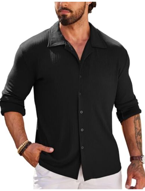 COOFANDY Men Muscle Fit Dress Shirts Knit Button Up Shirts Slim Fit Ribbed Shirts Camp Collar Shirts