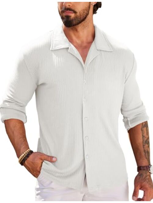 COOFANDY Men Muscle Fit Dress Shirts Knit Button Up Shirts Slim Fit Ribbed Shirts Camp Collar Shirts