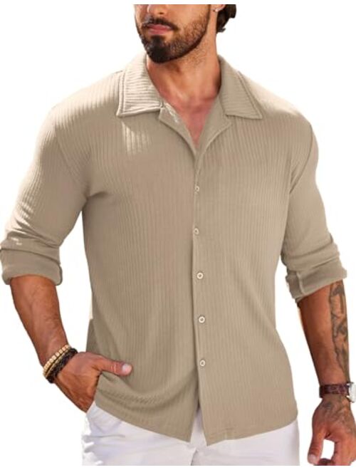 COOFANDY Men Muscle Fit Dress Shirts Knit Button Up Shirts Slim Fit Ribbed Shirts Camp Collar Shirts