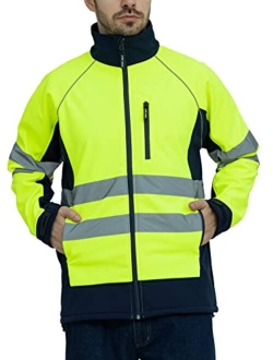 WORK IDEA Men's Safety Jacket High Visibility Reflective Softshell Jacket Hi-Vis Waterproof and Windbreaker with Fleece Lined