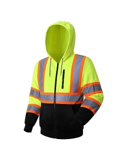 JKSafety Hi-Vis Safety Sweatshirt for men women High Visibility Zip-Up Hooded Sweatshirt Hoodie work utility Reflective Strips with Extended Trims (JK121-Black,M)