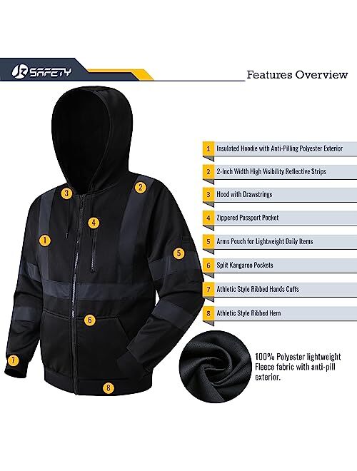 JKSafety Hi-Vis Safety Sweatshirt for men women High Visibility Zip-Up Hooded Sweatshirt Hoodie work utility Reflective Strips with Extended Trims (JK121-Black,M)