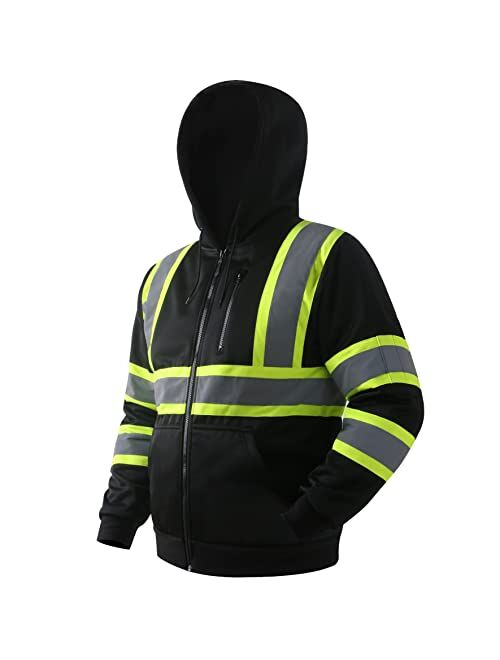 JKSafety Hi-Vis Safety Sweatshirt for men women High Visibility Zip-Up Hooded Sweatshirt Hoodie work utility Reflective Strips with Extended Trims (JK121-Black,M)