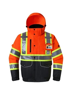 JKSafety 10 Pockets Hi-Vis Waterproof 3M Reflective Winter Bomber Jacket | Black Color | Secured iPad or Tablet Pocket | Detachable Hood and Retractable ID Pocket | ANSI 