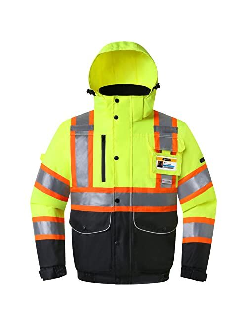 JKSafety 10 Pockets Hi-Vis Waterproof 3M Reflective Winter Bomber Jacket | Black Color | Secured iPad or Tablet Pocket | Detachable Hood and Retractable ID Pocket | ANSI 