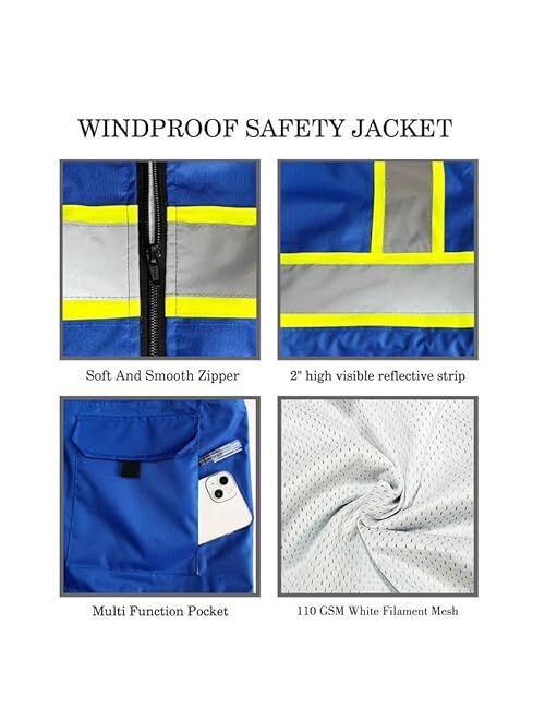 Zuja High Visibility Safety Jacket ANSI/ISEA Standard Reflective Jacket Pocket and Zipper