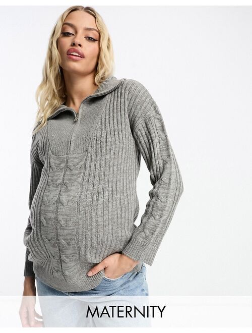 Wednesday's Girl Maternity half zip cozy sweater in gray