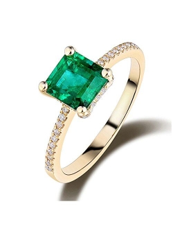 Lanmi 14K Yellow Gold Natural Green Emerald Eternity Solitaire Rings Diamonds Engagement for Women Promotion