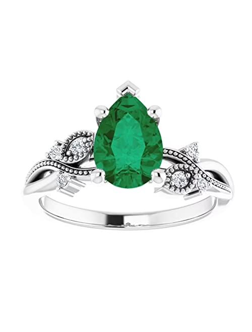 Sunargi 2.50 CT Leafy Pear Shape Green Diamond Ring, Nature Inspired Tear Drop Emerald Green Diamond Wedding Ring, Branch Twig Engagement Ring 925 Sterling Silver