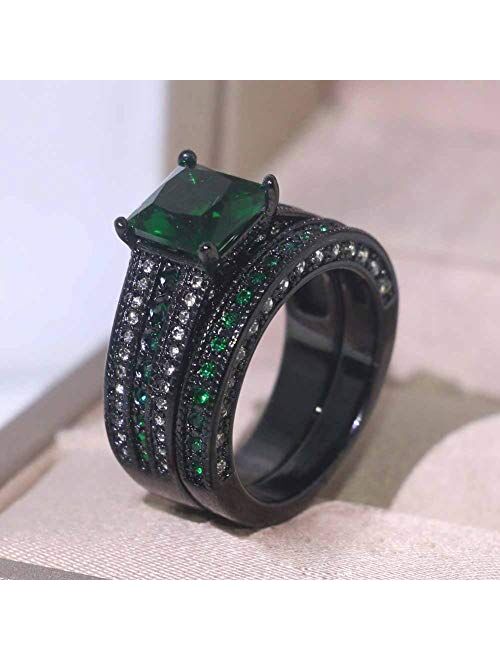 ringheart 2 Rings His and Hers Couple Rings Black Gold Filled Womens Wedding Ring Sets Princess cut Green Cz Titanium Steel Mens Ring