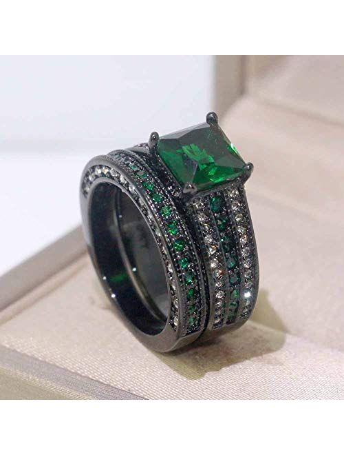 ringheart 2 Rings His and Hers Couple Rings Black Gold Filled Womens Wedding Ring Sets Princess cut Green Cz Titanium Steel Mens Ring