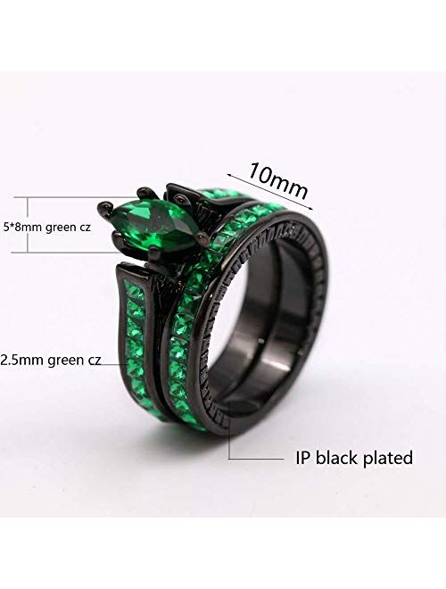 ringheart His and Her Couple Rings Black Matching Ring 1.5ct Green CZ Women Wedding Ring Sets for Him and Her