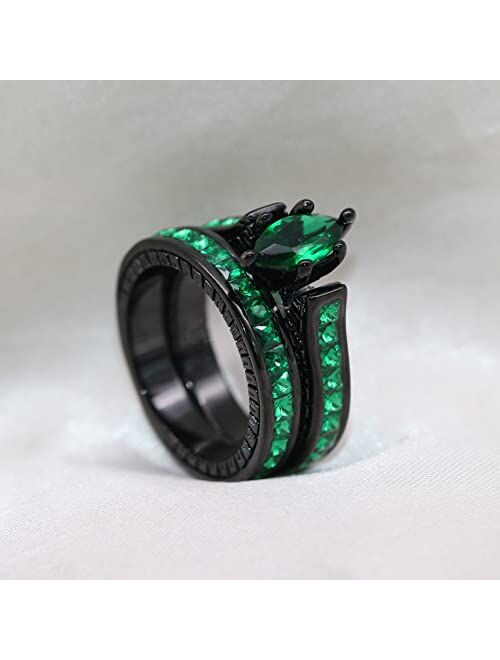 ringheart His and Her Couple Rings Black Matching Ring 1.5ct Green CZ Women Wedding Ring Sets for Him and Her