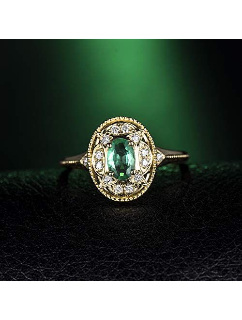 Lanmi 14K Yellow Gold Natural Emerald Diamonds Ring for Women Promise Engagement Wedding Anniversary Promotion