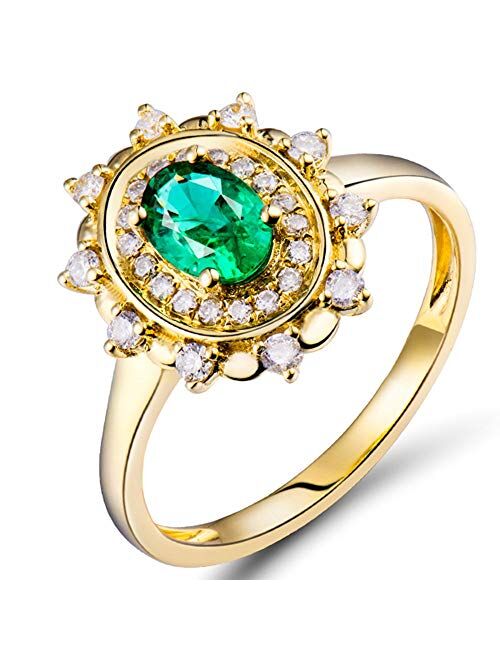 Lanmi 14K Yellow Gold Natural Emerald Diamonds Ring for Women Promise Engagement Wedding Anniversary Promotion