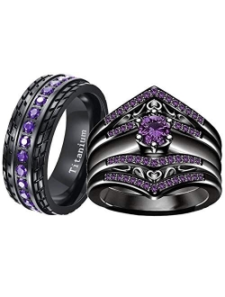 ringheart 2 Black Rings His and Hers Ring Couple Rings Purple Cz 3pcs Womens Wedding Ring Sets Titanium Steel Mens Wedding Bands