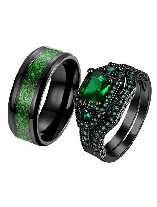 ringheart 2 Rings His and Hers Rings Black Plated Couple Rings Princess cut 6mm Green Cz Womens Wedding Ring Sets Titanium Steel Mens Wedding Bands