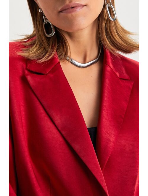 Lulus Sleek Vision Red Satin Button-Front Blazer