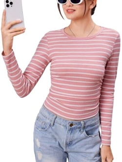 Girls Striped Print Long Sleeve Tshirt Crew Neck Casual Crop Top Tee