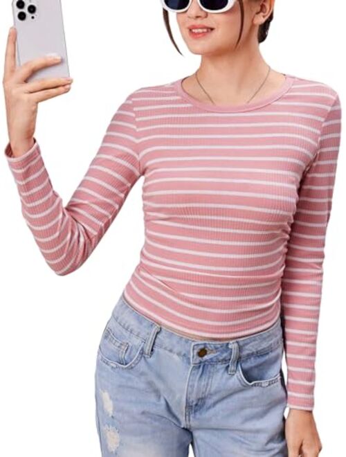 Floerns Girls Striped Print Long Sleeve Tshirt Crew Neck Casual Crop Top Tee