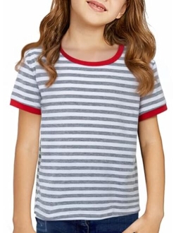 KIDS Girls Striped Color Block Short Sleeve T Shirts Casual Crewneck Summer Cute Tee Tops 4-13 Years