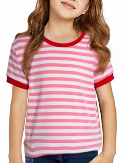 KIDS Girls Striped Color Block Short Sleeve T Shirts Casual Crewneck Summer Cute Tee Tops 4-13 Years