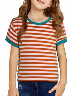 KIDS Girls Striped Color Block Short Sleeve T Shirts Casual Crewneck Summer Cute Tee Tops 4-13 Years