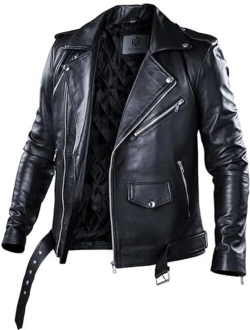 Tlc Fashion TLC leather biker jacket men - Black men's biker jacket with Notch Lapel Collar and Zipper Cuff